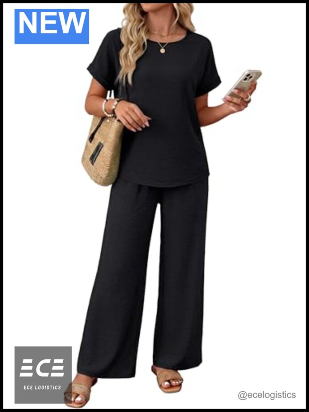 Women's 2 Piece Lounge Set Short Sleeve Top Pants Pleated Summer Vacation Outfit